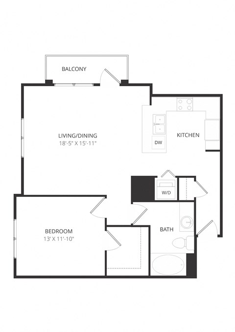 Floor plan for 1 bed, 1 bath, 840 sqft